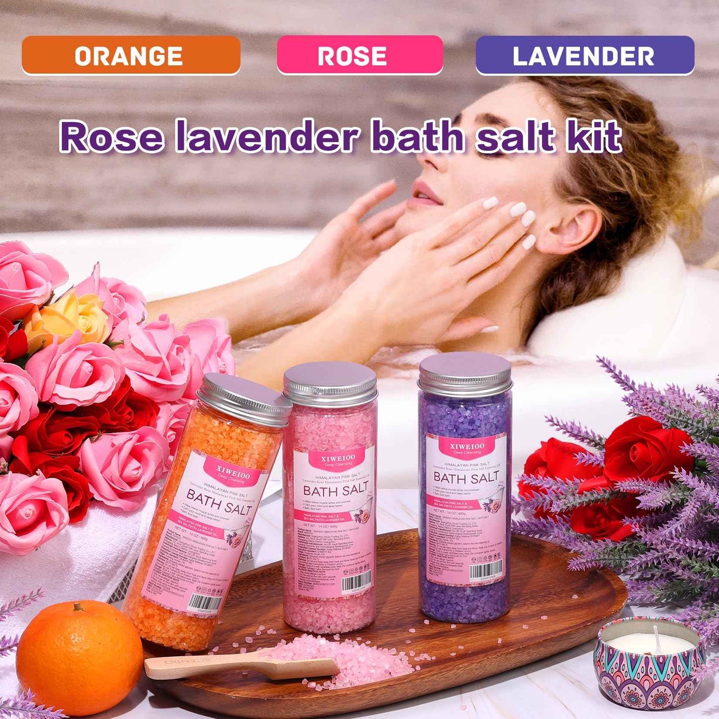 XIWEIOO Bath Salt 3 Pack Kit Himalayan Pink Salt Foot Soak Lavender Orange Rose Scent Tea Tree Oil Epsom Salt for Woman Mom Gifts Dead Sea Salt Moisturizing Skin Softens Bath spa Care Set