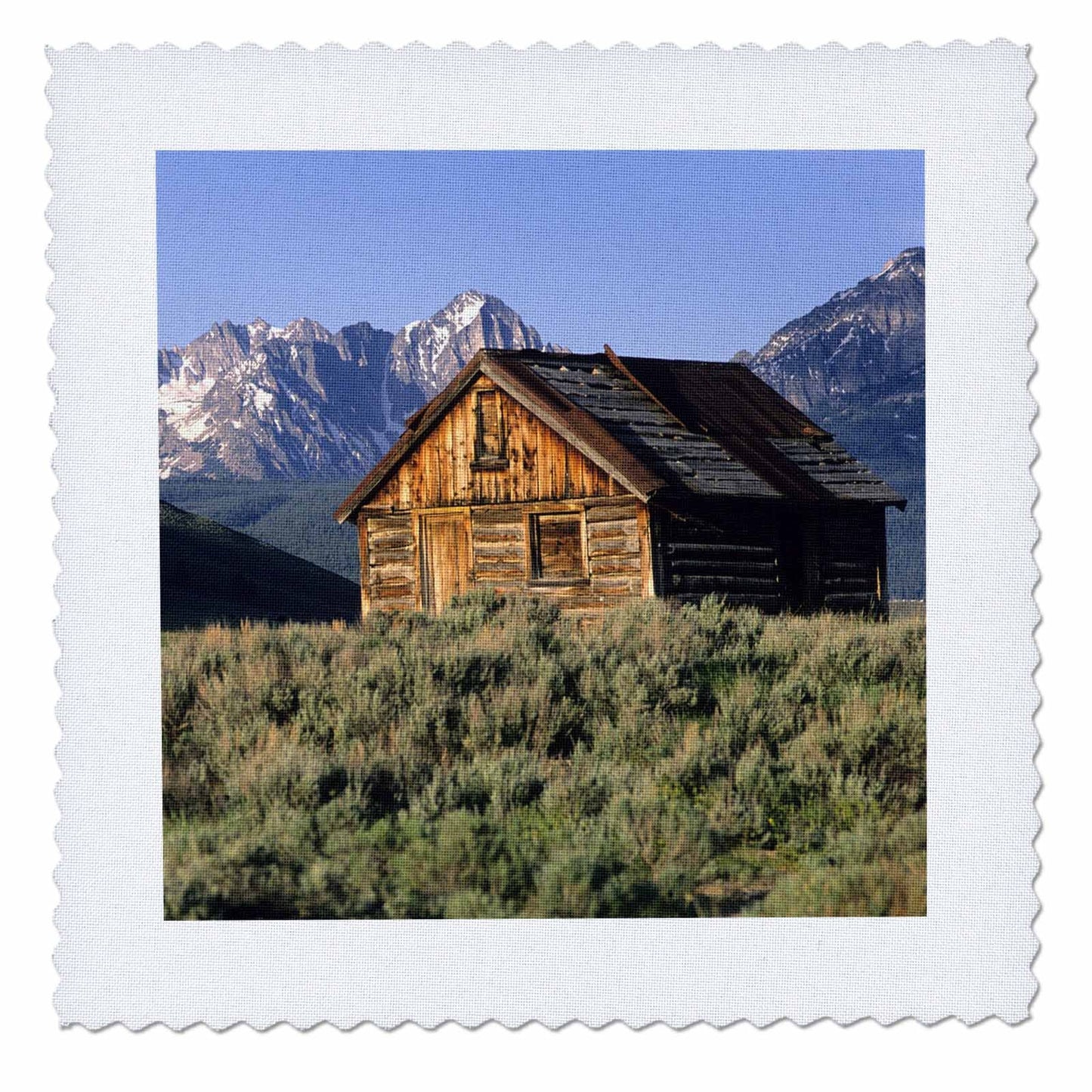 3dRose Log Cabin and Sawtooth Mountains, Stanley, Idaho-US13 DFR0406-David R. Frazier-Quilt Square, 12-inch (qs_90004_4)