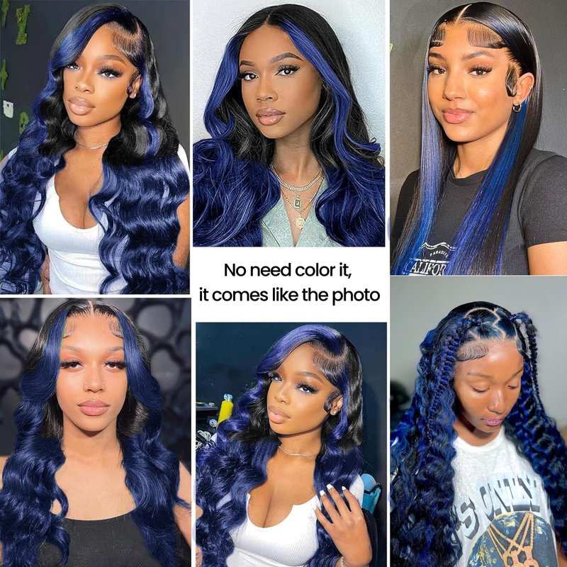 ALHER Black Mix Blue Highlight Body Wave Long Deep Part 2x6 Lace Closure, #1B/Blue Colored 2x6 Kim K Lace Closure Pre Plucked with Baby Hair, 12A 100% Brazilian Virgin Remy Human Hair 14 Inch