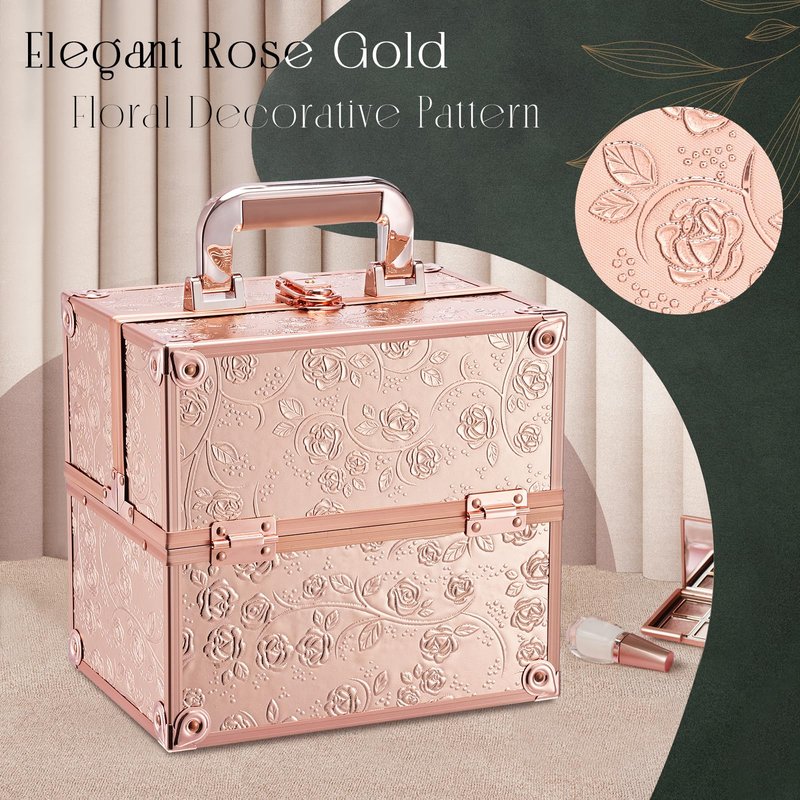 FRENESSA Makeup Train Case Cosmetic Box Portable Makeup Case Organizer 4 Trays Lock Travel Storage Organizer with Dividers Make Up Artist Vanity Hard Nail Spa Beauty Box Rose Gold Floral