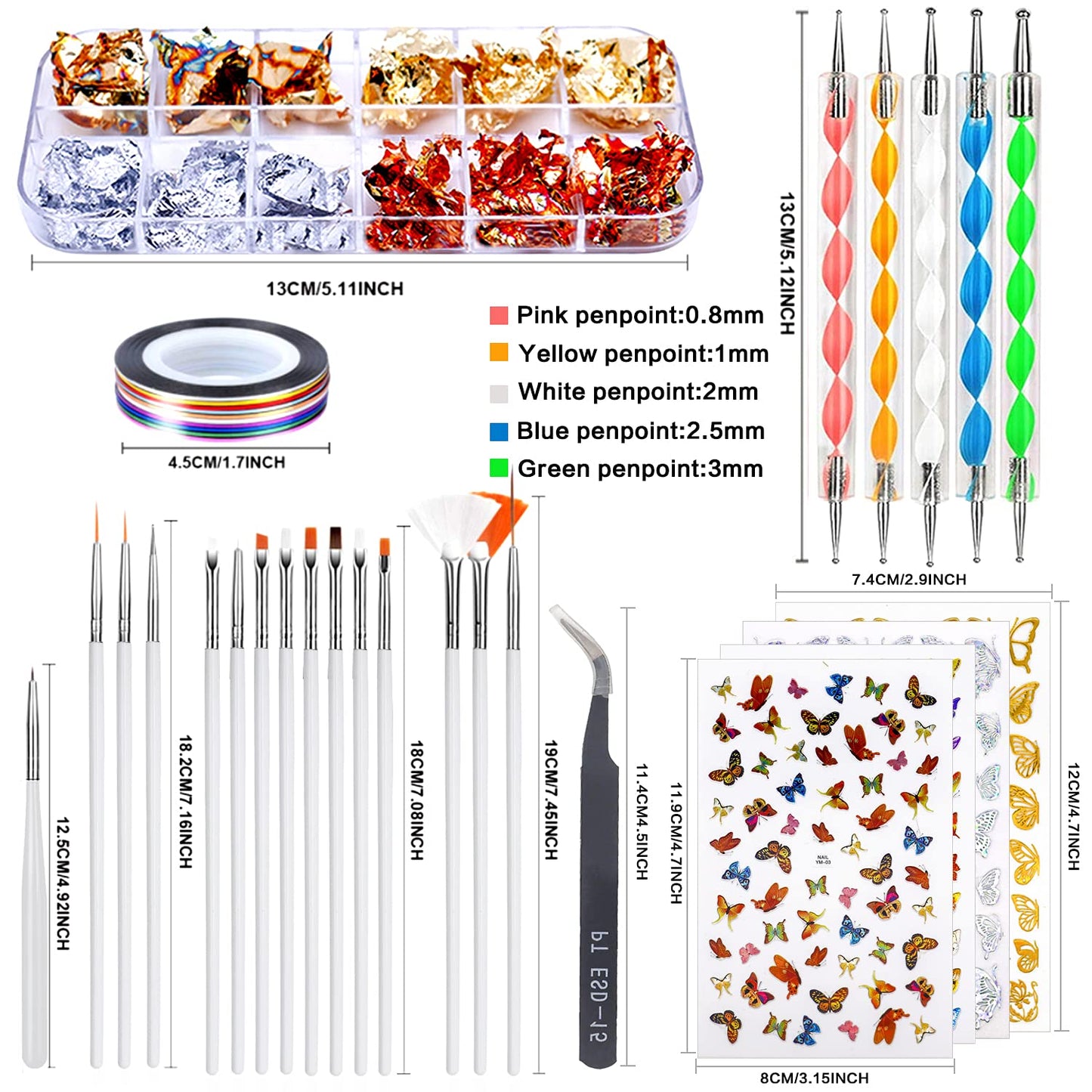 Nail Art Design Tools - 3D Decorations Kit with Brushes, Dotting Tools, Holographic Stickers, Nail Foil Tape, Rhinestones and Pick-Up Tweezers