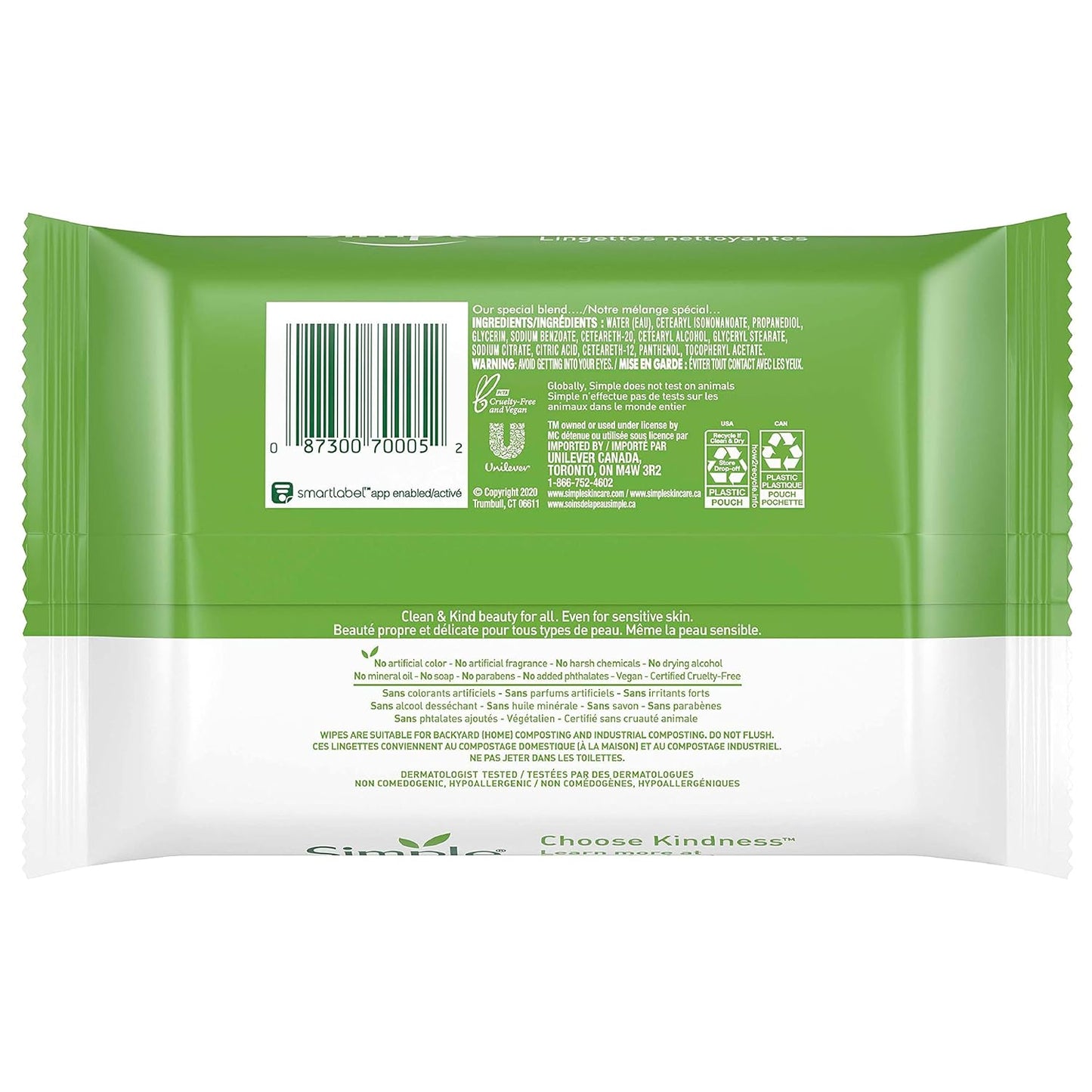 Simple Kind to Skin Cleansing Wipes Micellar Gentle and Effective Makeup Remover Free from color and dye, artificial perfume and harsh chemicals 25 Wipes