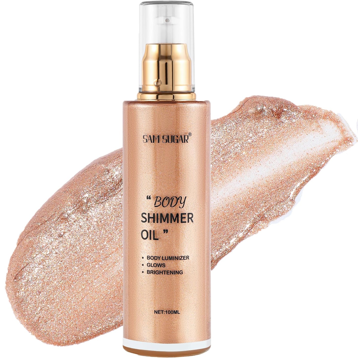 RMYHIG Shimmer Body Oil, Long Lasting Moisturizing Body Glow Oil for Women Face Luminizer Highlighter Makeup 100ml Glitter Shimmer Lotion for Glow Skin (Light Rose Gold)