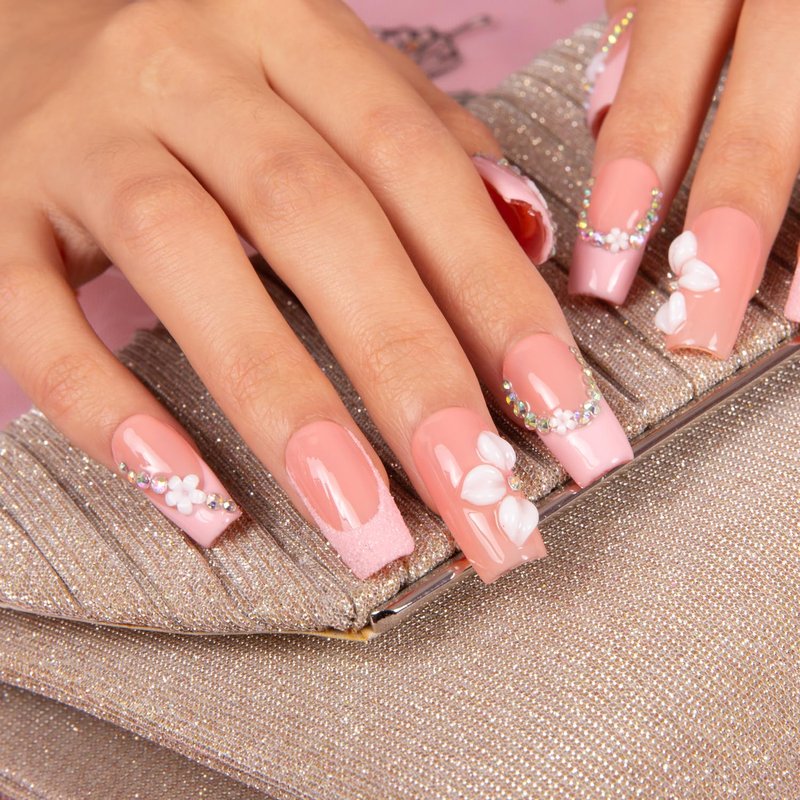 LOVFUL Press on Nails Pink Lady Handmade | Handmade with Full Covered Crystals | Reusable Fake Nails | Square Regular 1.0 in | H281-M