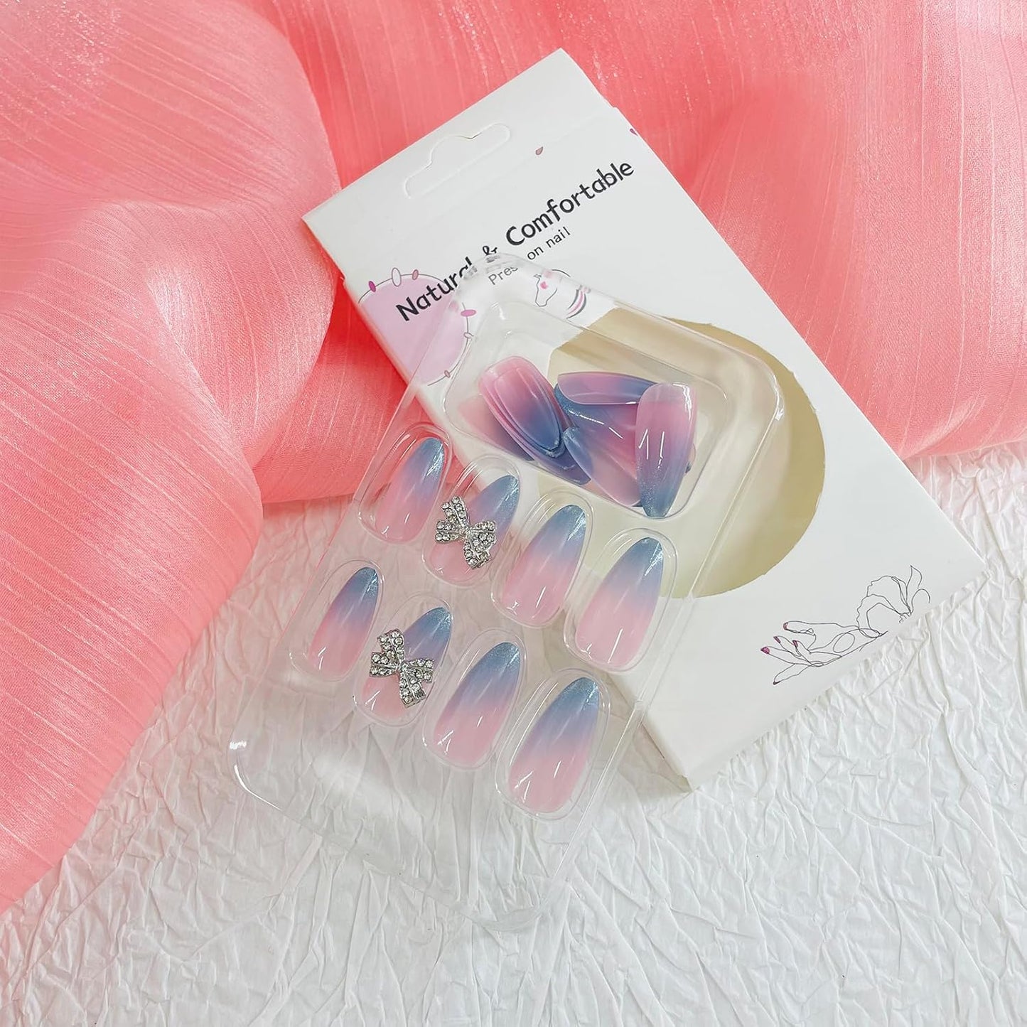 French Tip Almond Press-On Nails with Gold Bow | Reusable Glossy Acrylic False Nails for Women