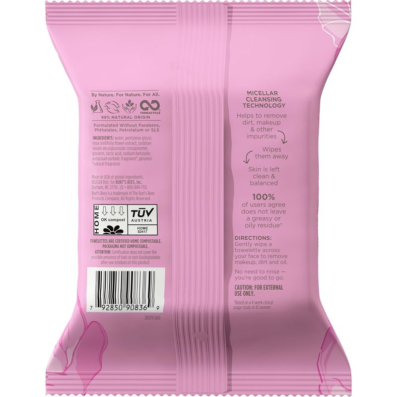 Burt's Bees Micellar Rose Water Facial Towelettes - 100% Plant-Based, 99% Natural Makeup Remover | All Skin Types
