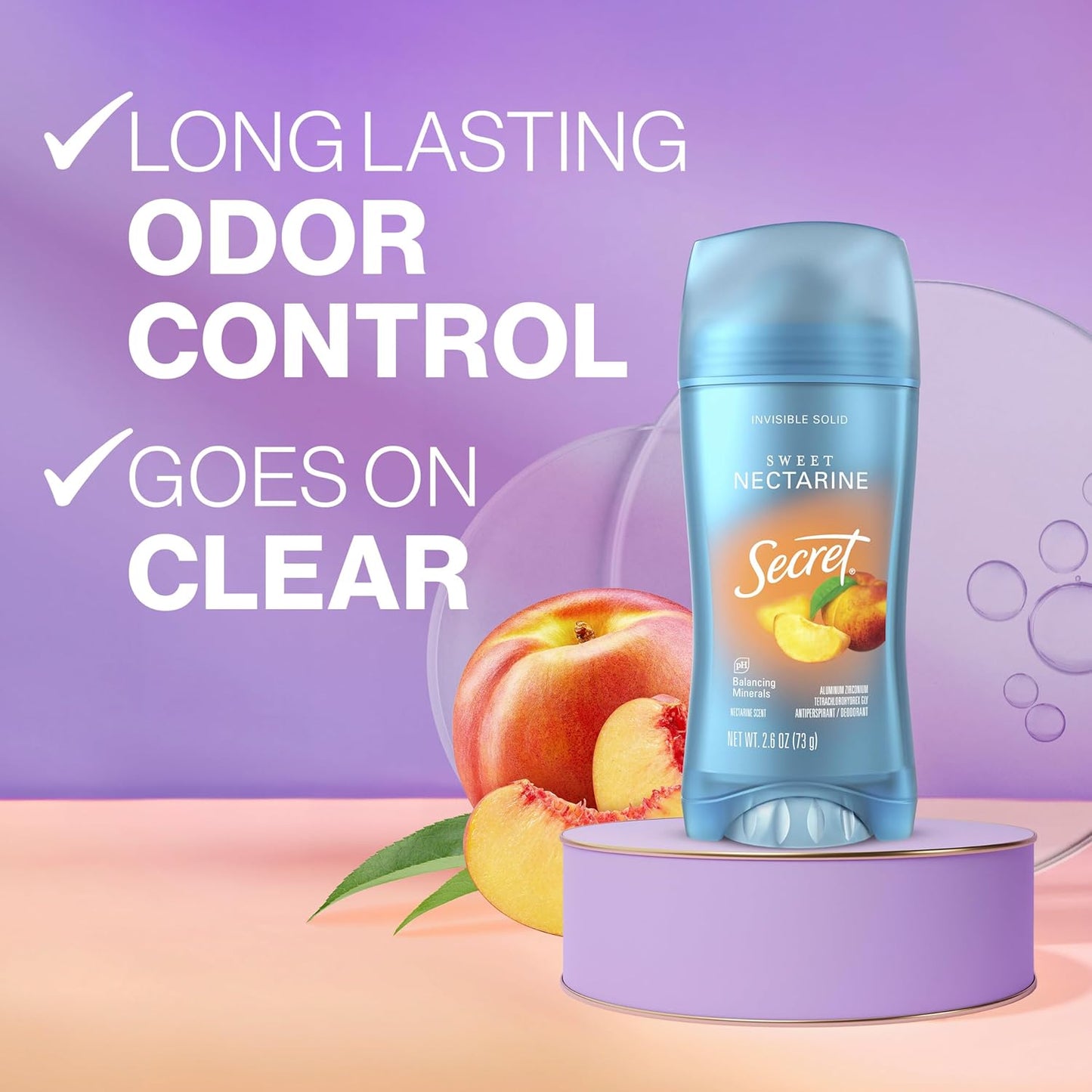 Secret Fresh Antiperspirant Deodorant for Women, 72hr Breathable Sweat & Odor Protection, Instant Freshness & Gentle, PH Balancing Minerals, Clear Gel, Sweet Nectarine Scent, 2.6 oz