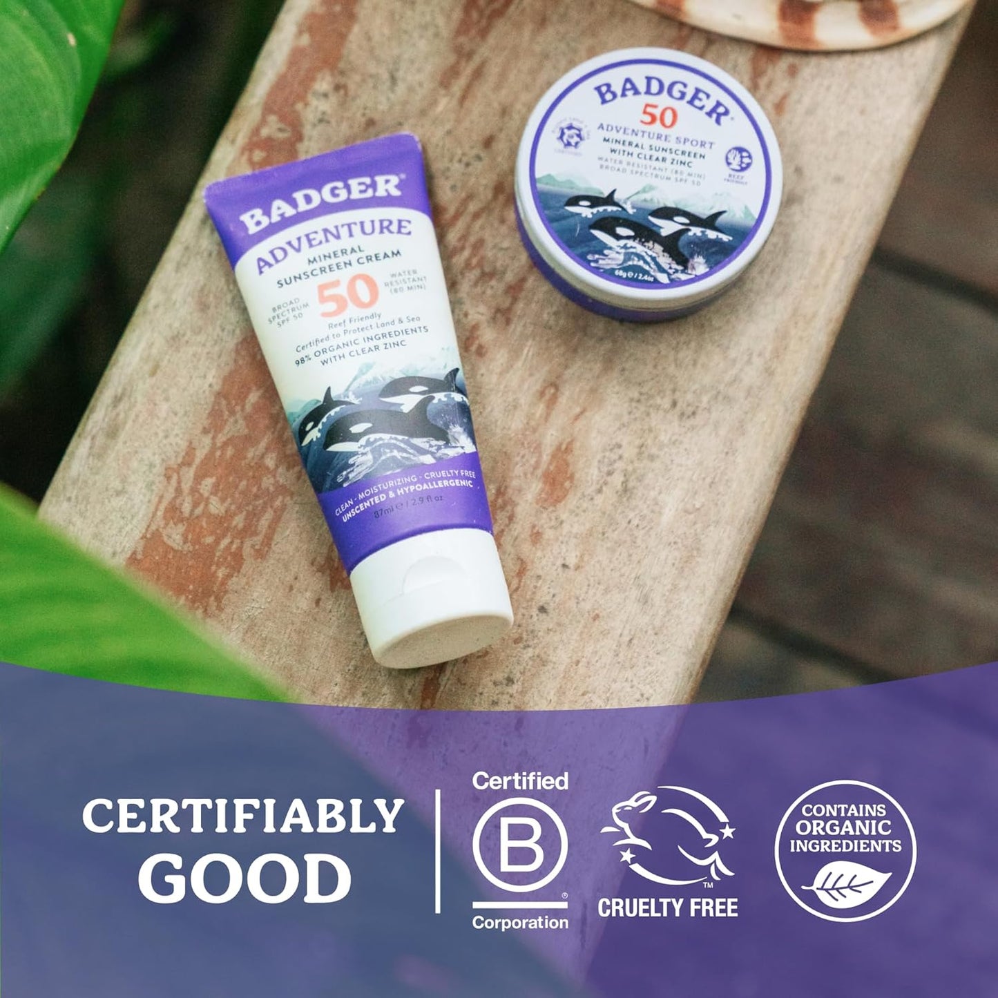 Badger Reef Safe Mineral Sunscreen SPF 50 - 98% Organic Zinc Oxide, Non-Toxic, Water Resistant | 2.4 oz Tin (2 Pack)