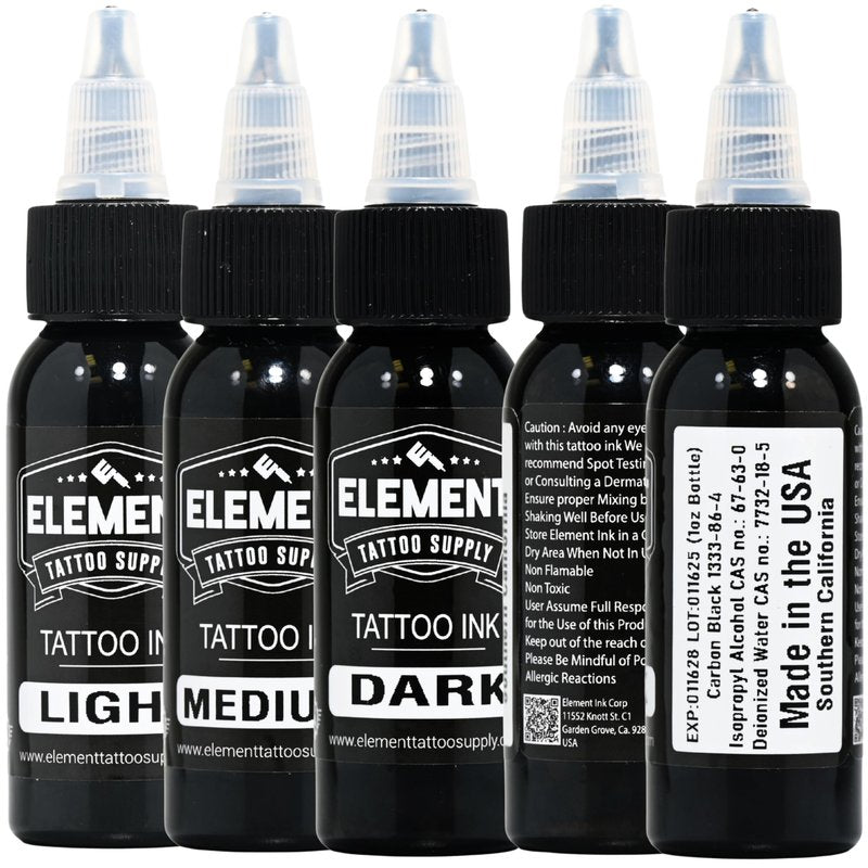 Element Tattoo Supply Greywash Tattoo Ink Set for Professional Tattooing Supplies – Light, Medium & Dark Solid Shades for Outlining, Shading & Blending for Artists – 1 oz Bottle (3 Pack)