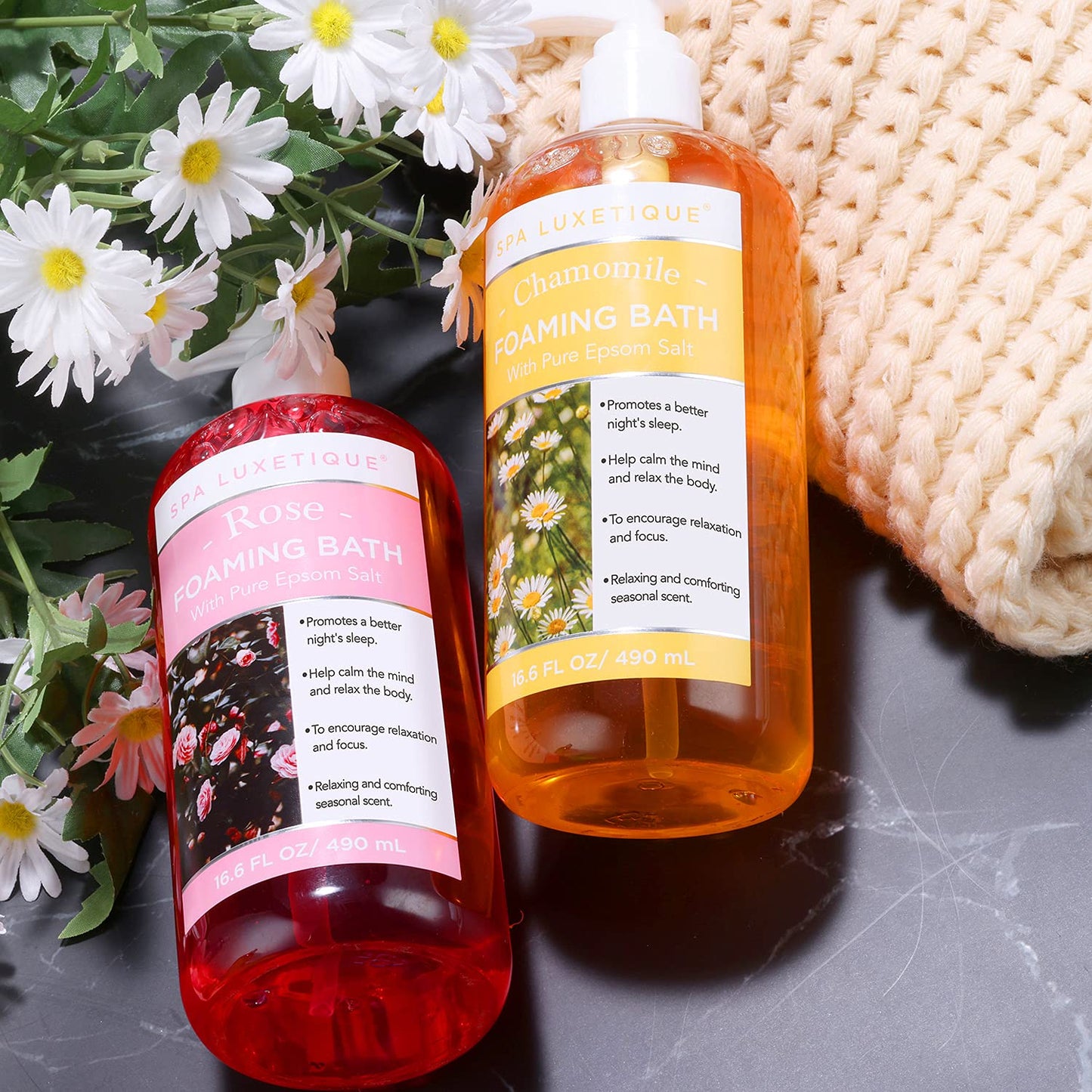 Bubble Bath, Spa Luxetique Foaming Bath for Women with Pure Epsom Salt, Bath Sets Rose and Chamomile Scent, Moisturizing and Relaxing Spa Gifts for Mom, 33.2 Oz (2 Pack)