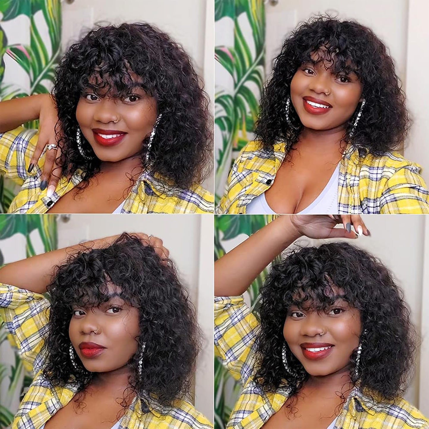Short Curly Human Hair Wig with Bangs Short Curly Bob Wig Human Hair with Bangs Water Wave Glueless Bob Wig Wear and Go No Lace 180% Density Brazilian Virgin Human Hair Natural Black 12 Inch