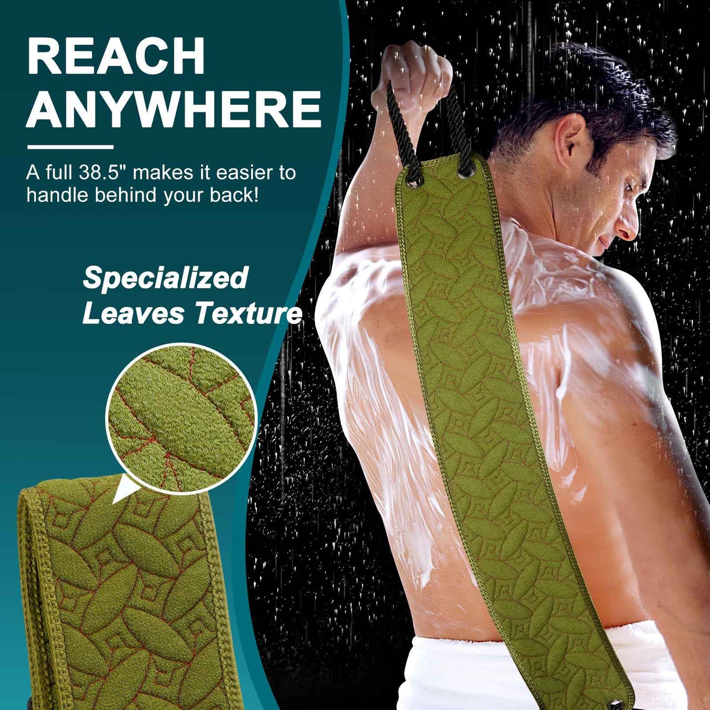 Exfoliating Back Scrubber for Shower, Double-Sided Body Washcloth with Reinforced Handles for Use in Shower, 38.5 Inch Series I Black Back Scrubber+Series II Green Exfoliator for Men & Women (2 Pack)
