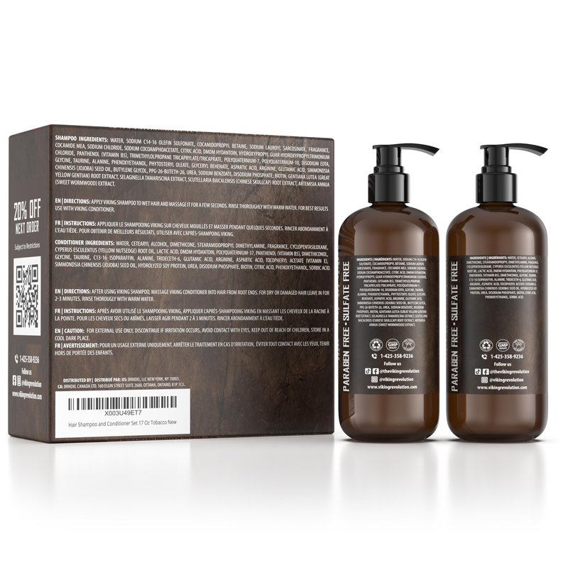 Viking Revolution Sweet Tobacco Mens Shampoo and Conditioner Set with Biotin and Jojoba Oil - Natural Hair Shampoo and Hair Conditioner for Men with Vitamin B5 - Mens Shampoo for Thinning Hair (17Oz)