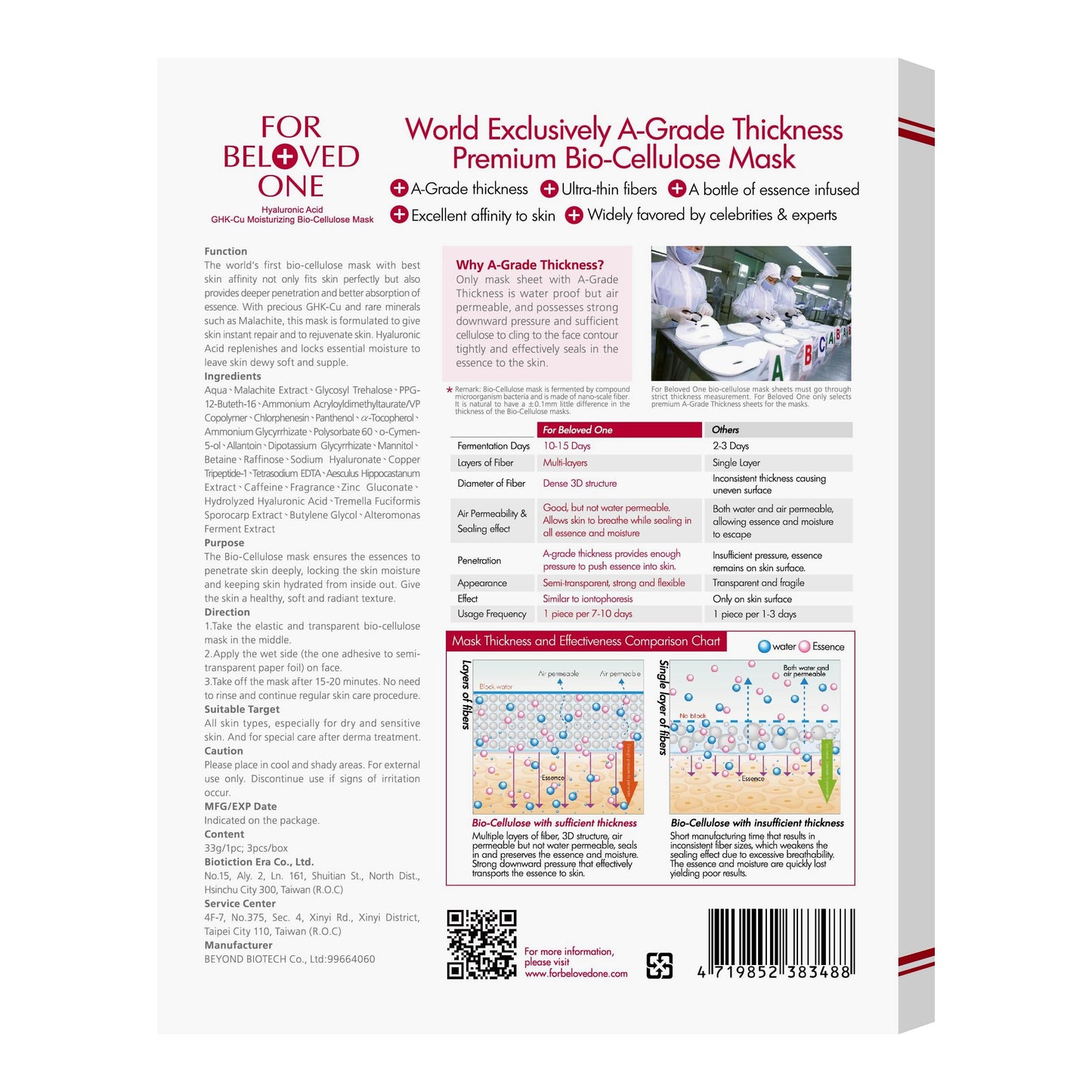 For Beloved One Hyaluronic Acid Moisturizing Bio-Cellulose Facial Mask (Pack of 3)