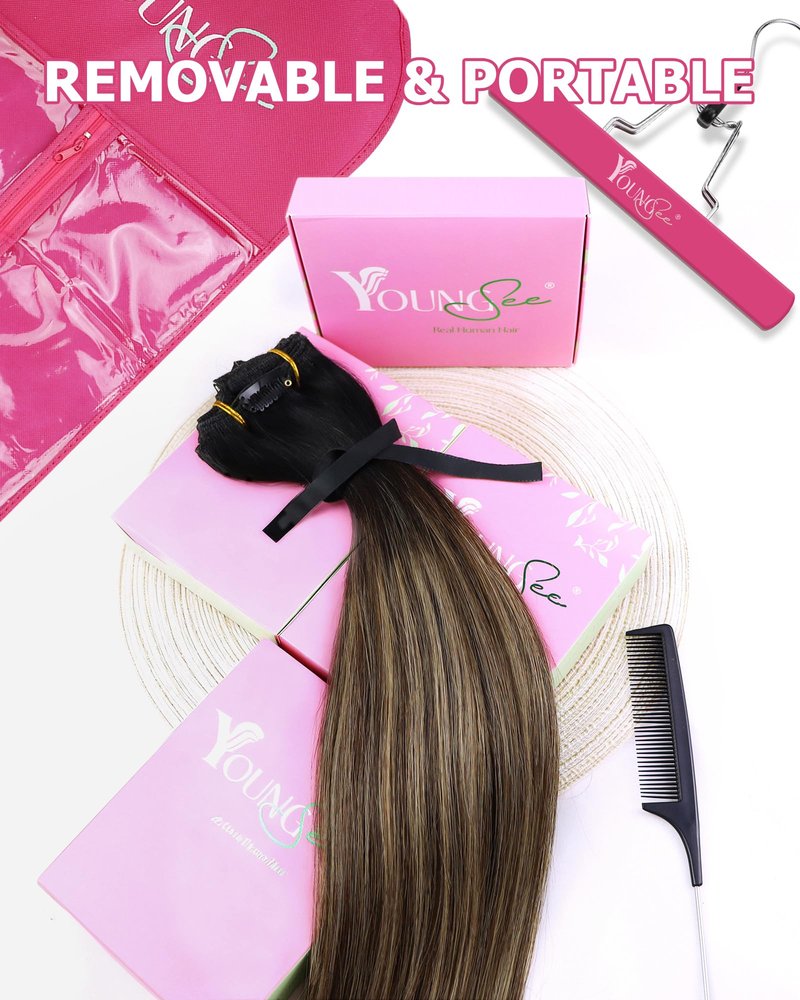 YoungSee 18 Inch Ombre Clip in Hair Extensions 120G Balayage Clip in Human Hair Extensions Natural Black Ombre Dark Brown Mix Blonde, Can Be Heat-styled Clip ins Extensions for Women At Home 7Pcs