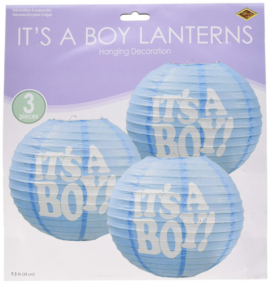 Beistle 3-Pack It's a Boy Paper Lanterns, 9-1/2-Inch, light blue/white (54576)