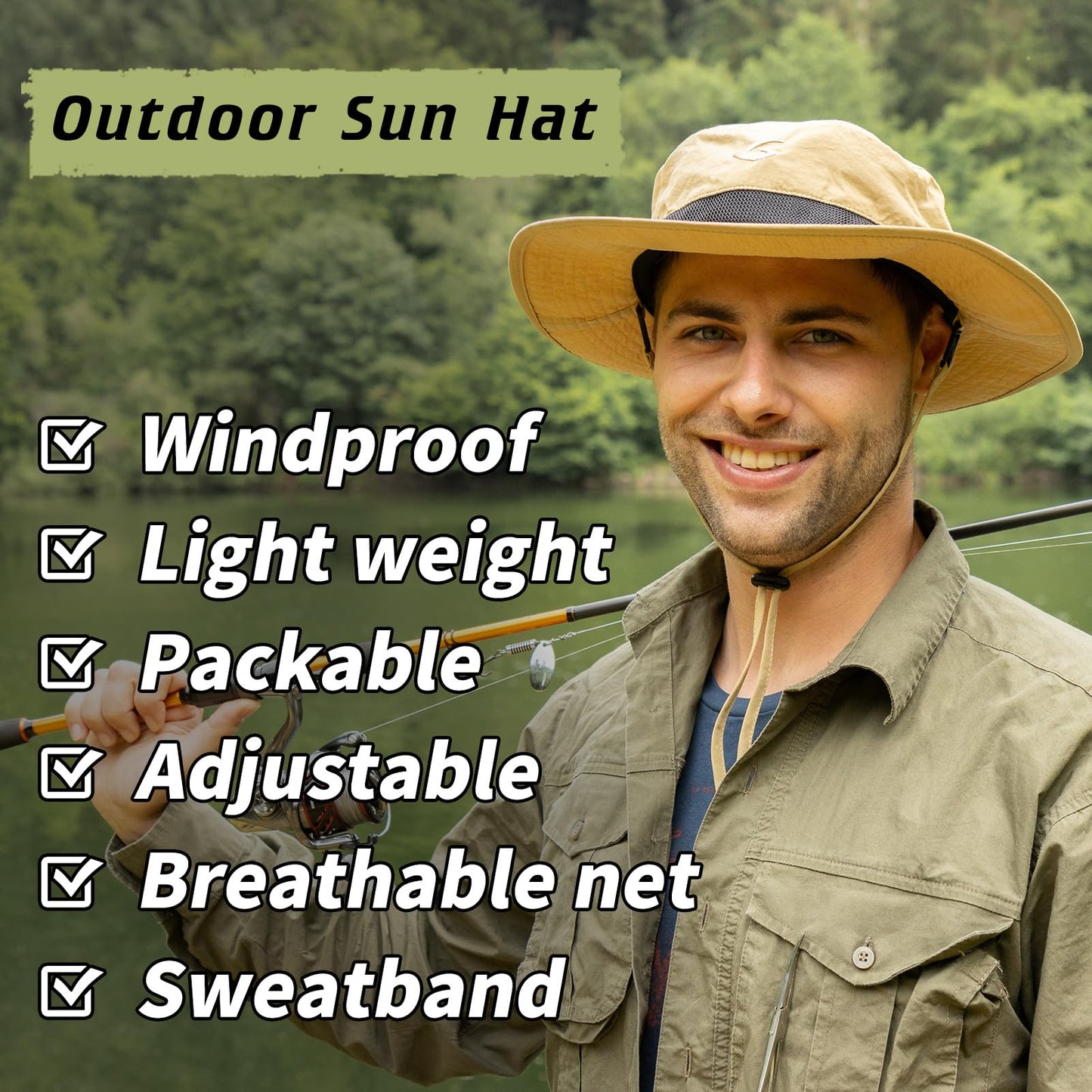 Mens Wide Brim Detachable Net Mesh Veil Sun Hat M/L UV Protection Boonie Bucket Sunhat Summer Beach Golf Hiking Safari Outdoor Fishing Garden SPF 50 Khaki 56-59cm