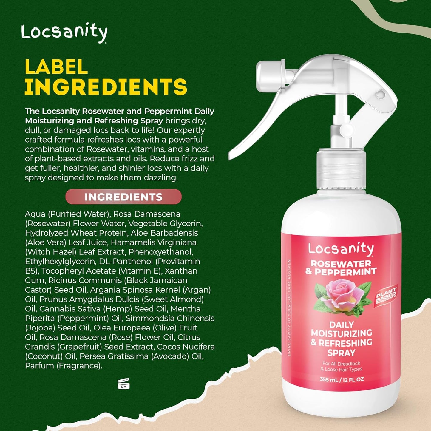 Locsanity Daily Moisturizing Rosewater & Peppermint Spray - Lightweight Frizz Control for Locs & Dreadlocks | Natural Hair & Scalp Moisturizer (12 fl oz)