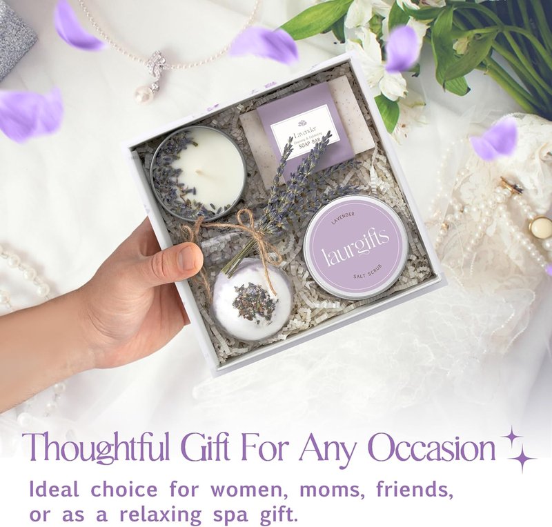 Lavender Spa Gift Basket - Relaxing Self-Care Set with Candle & Bath Essentials | Perfect Birthday Gift for Women