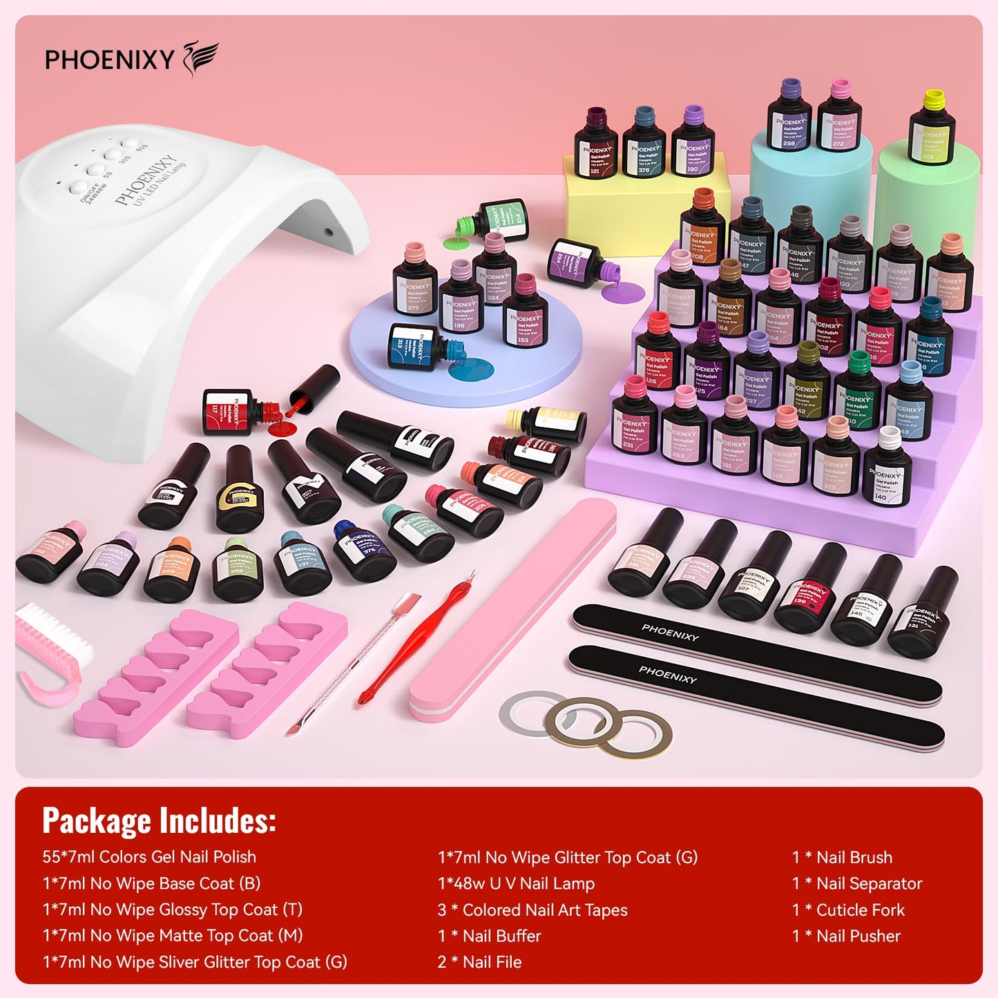PHOENIXY 71 Pcs Gel Nail Polish Kit with U V Light, 55 Colors Gel Polish Set Red Black White with 5 Pcs Base and Glitter Matte Glossy Gold Top Coat Manicure Starter Nail Polish Set Gifts for Women