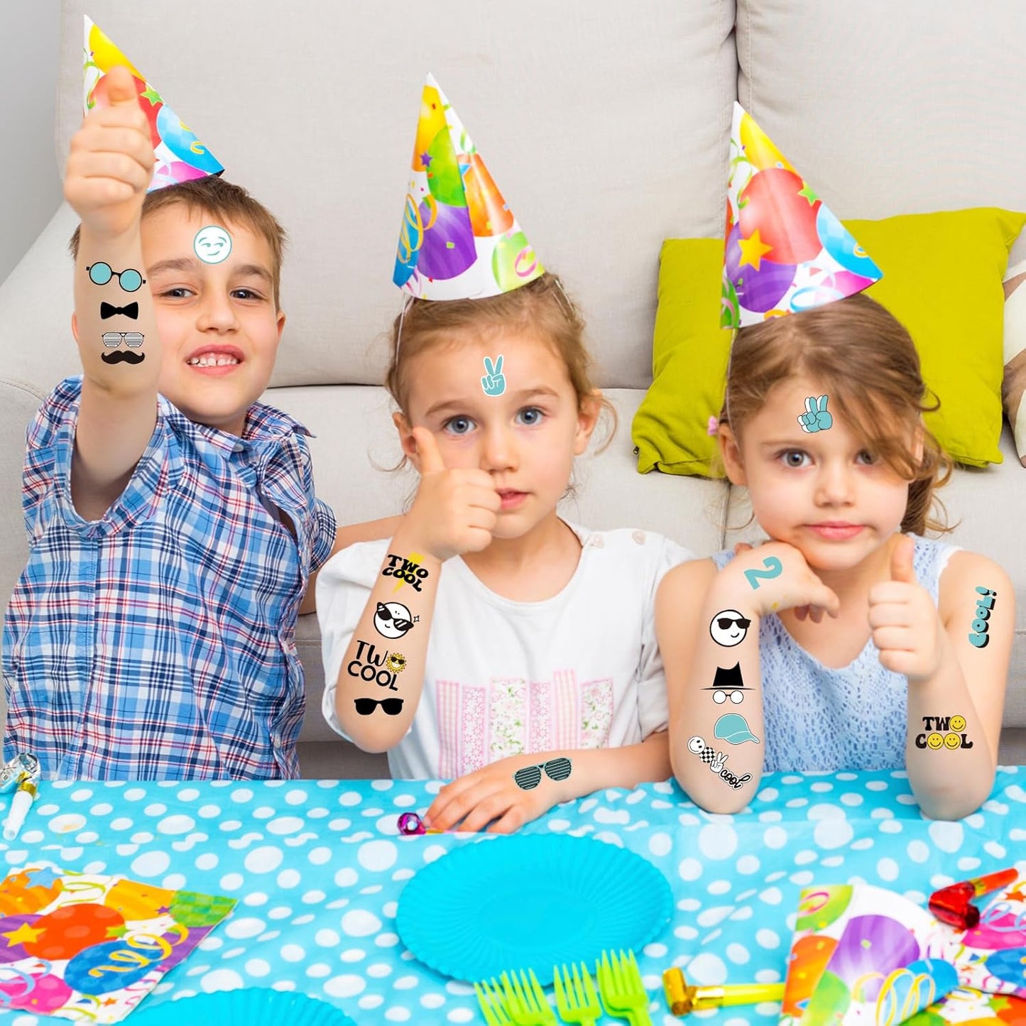 Temporary Tattoo Stickers - 96Pcs Black, Yellow & Blue Designs | Perfect for Birthday Parties & DIY Crafts