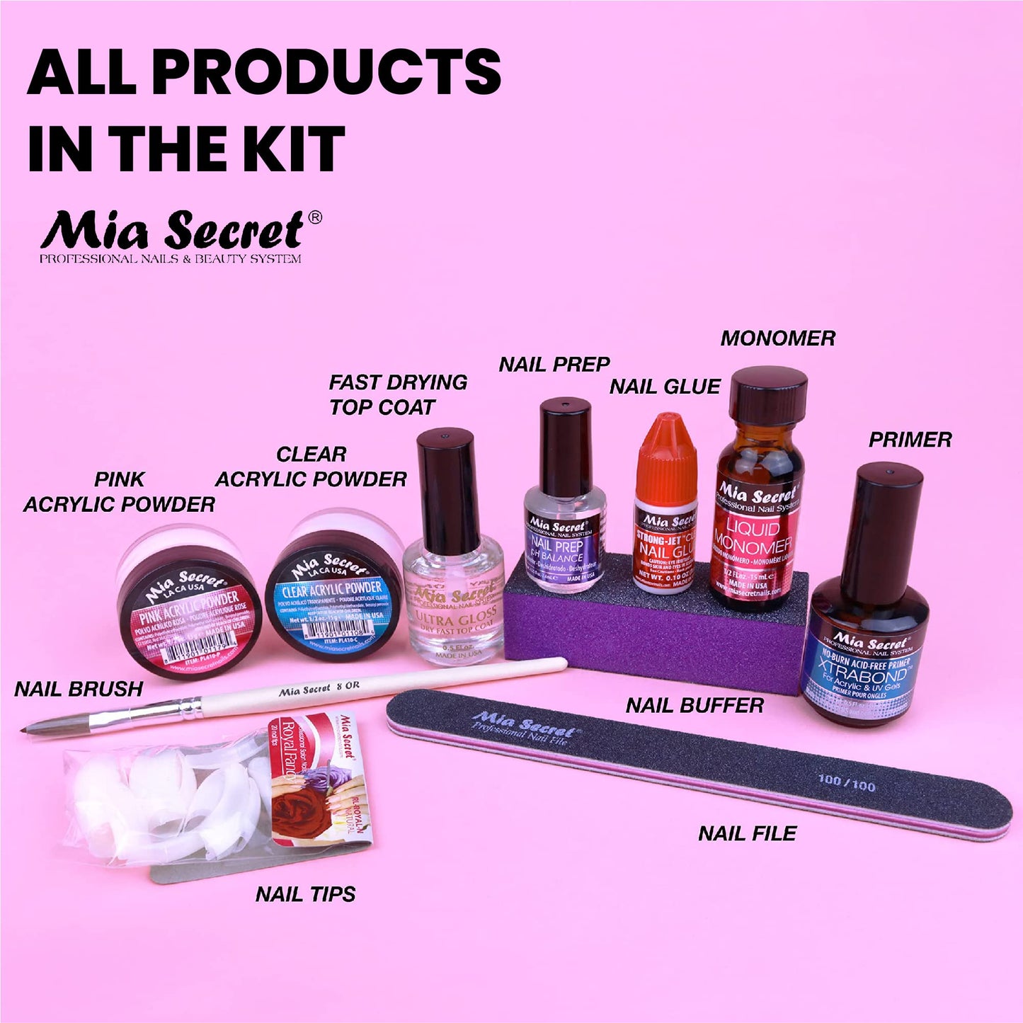 Mia Secret Acrylic Nail Kit/set For beginners - Nails Kit With Pink Acrylic Powder and Clear Acrylic Powder With Everything - Starter Kit de Uñas Acrilicas Mia Secret - Uñas Completo