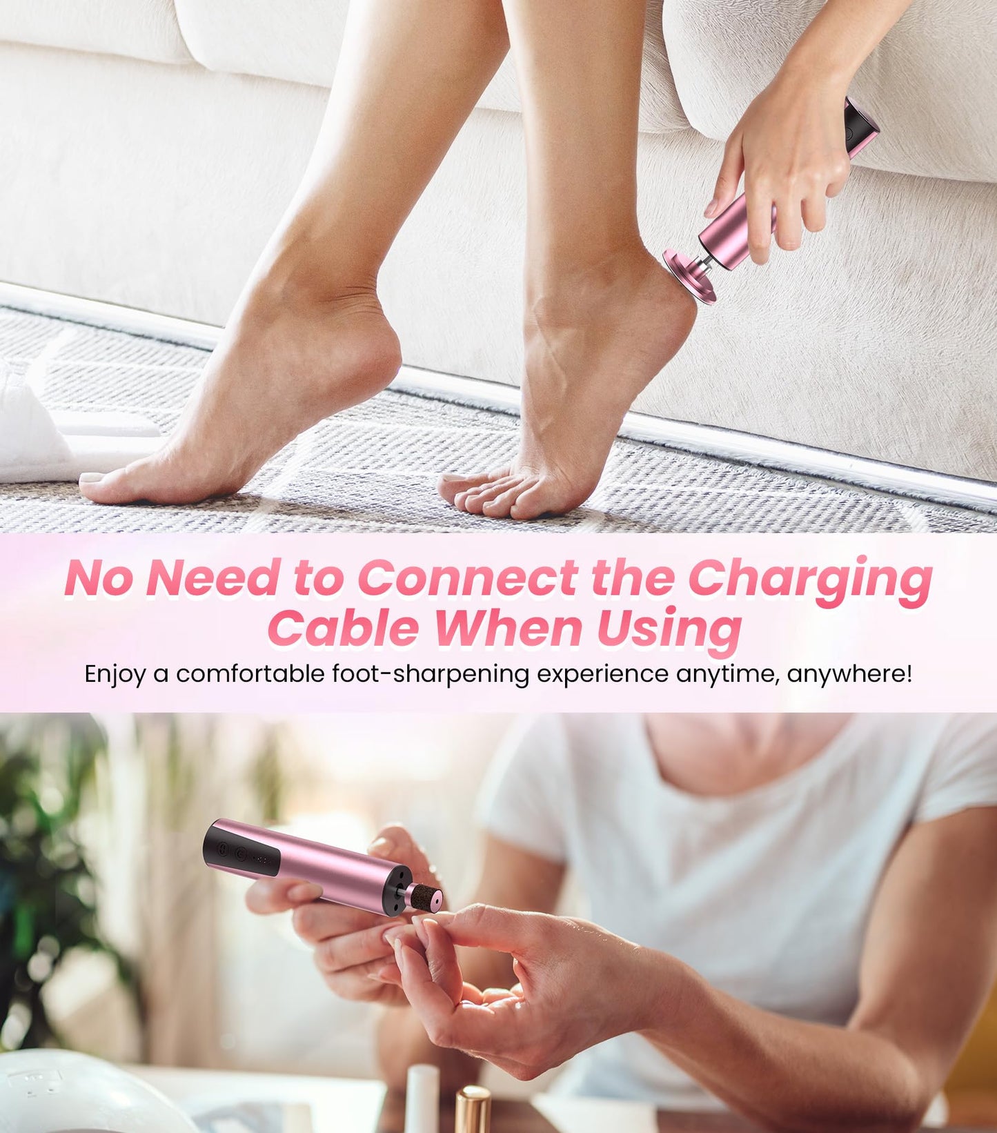 JOMLEY Electric Foot Callus Remover, 6 Speeds 2-in-1 Rechargeable Electric Foot File & Nail Grinder, Callus Remover for Feet Pedicure Tools with Sandpaper Disc for Dead Skin - Pink