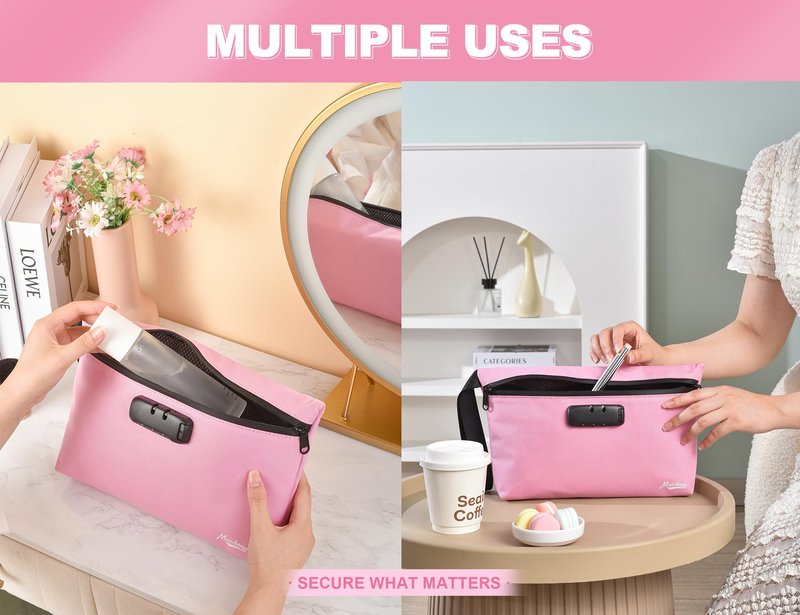 MAICHENG Smell Proof Bag with Combination Lock and 10 Accessories, Travel Medicine Odorless Storage Lock Box Case Container, Unique Design, Ideal Gift for Women, Pink