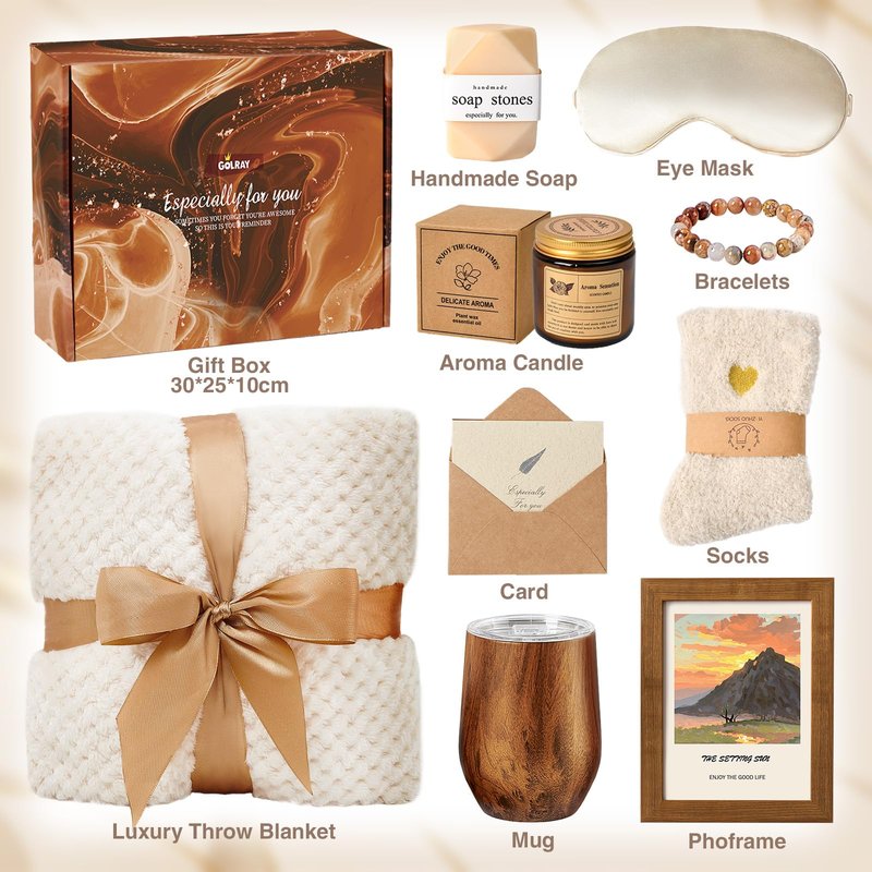 Golray Birthday Gifts for Women Self Care Spa Gift Basket with Frame/ Blanket/ Cup, Christmas Anniversary Valentines Mother's Day Gift for Her Wife Sister Mom Grandma Friend Coworker Teacher Nurse