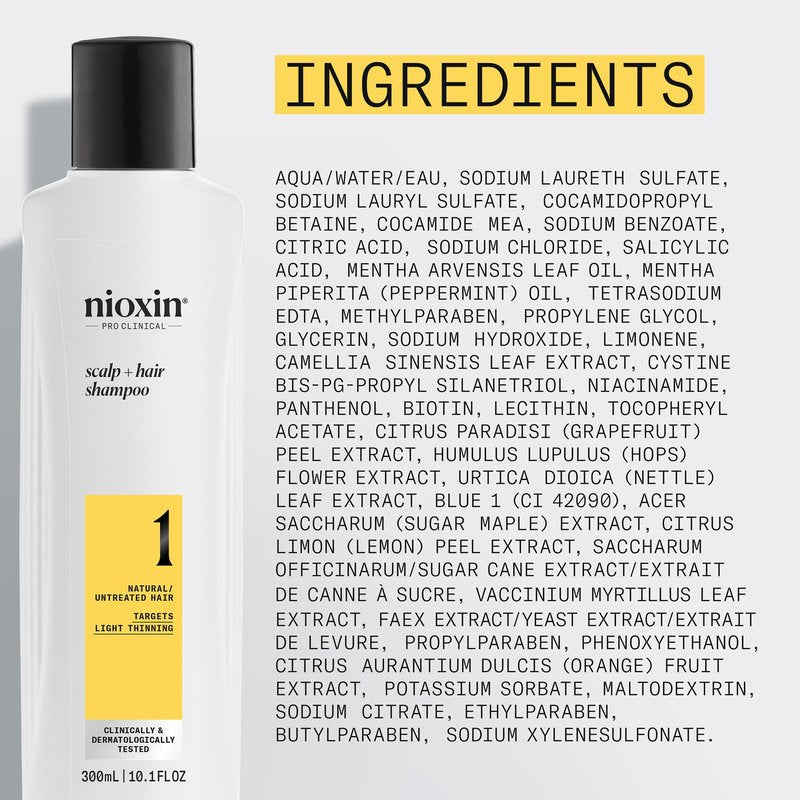 Nioxin Scalp + Hair Thickening System 1 Shampoo | For Natural or Untreated Hair with Light Thinning | With Niacinamide and Biotin | 10.1 Fl oz.
