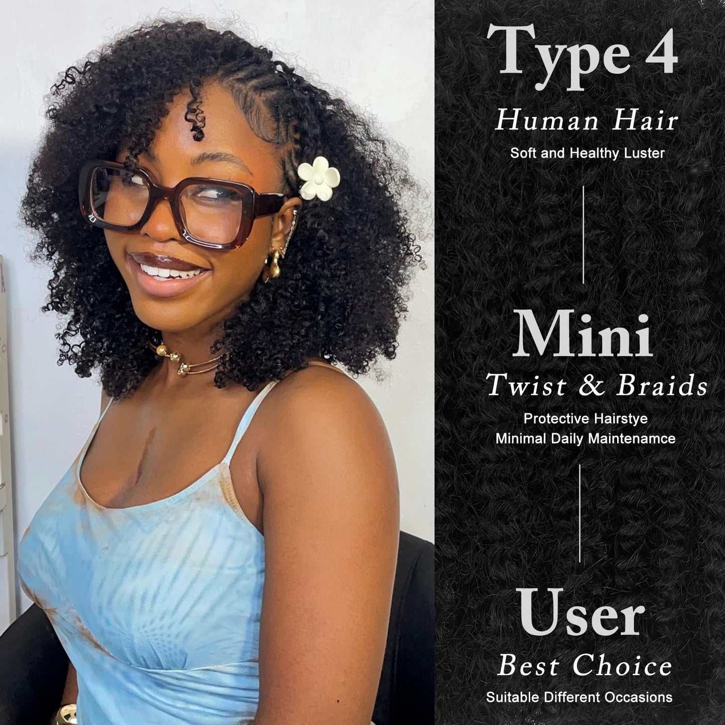 12inch Afro Kinkys Bulk Human Hair For Twist 2 Bundles Afro Kinky-Curly Human Hair Bulk For Twist Dreadlocks Extensions Repair Locs Natural Black (2 Bundles, 12 inch 1B)