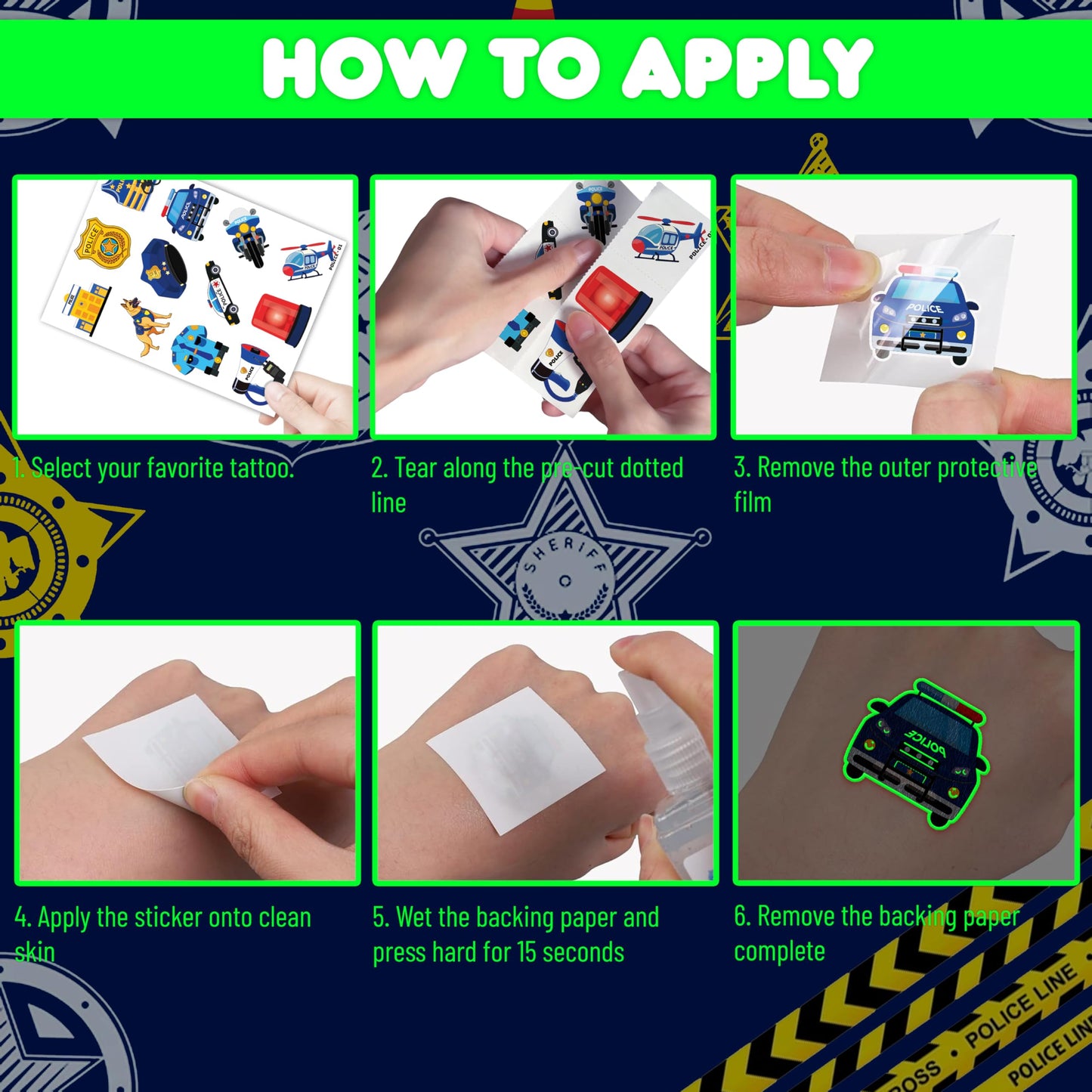 96 PCS Police Car Police Officer Policeman Pre-Cut Luminous Glow in the dark Temporary Tattoos for Kids | Super Cute Theme Birthday Party Favors Supplies Decorations, Fake Tattoos Gifts for Boys Girls