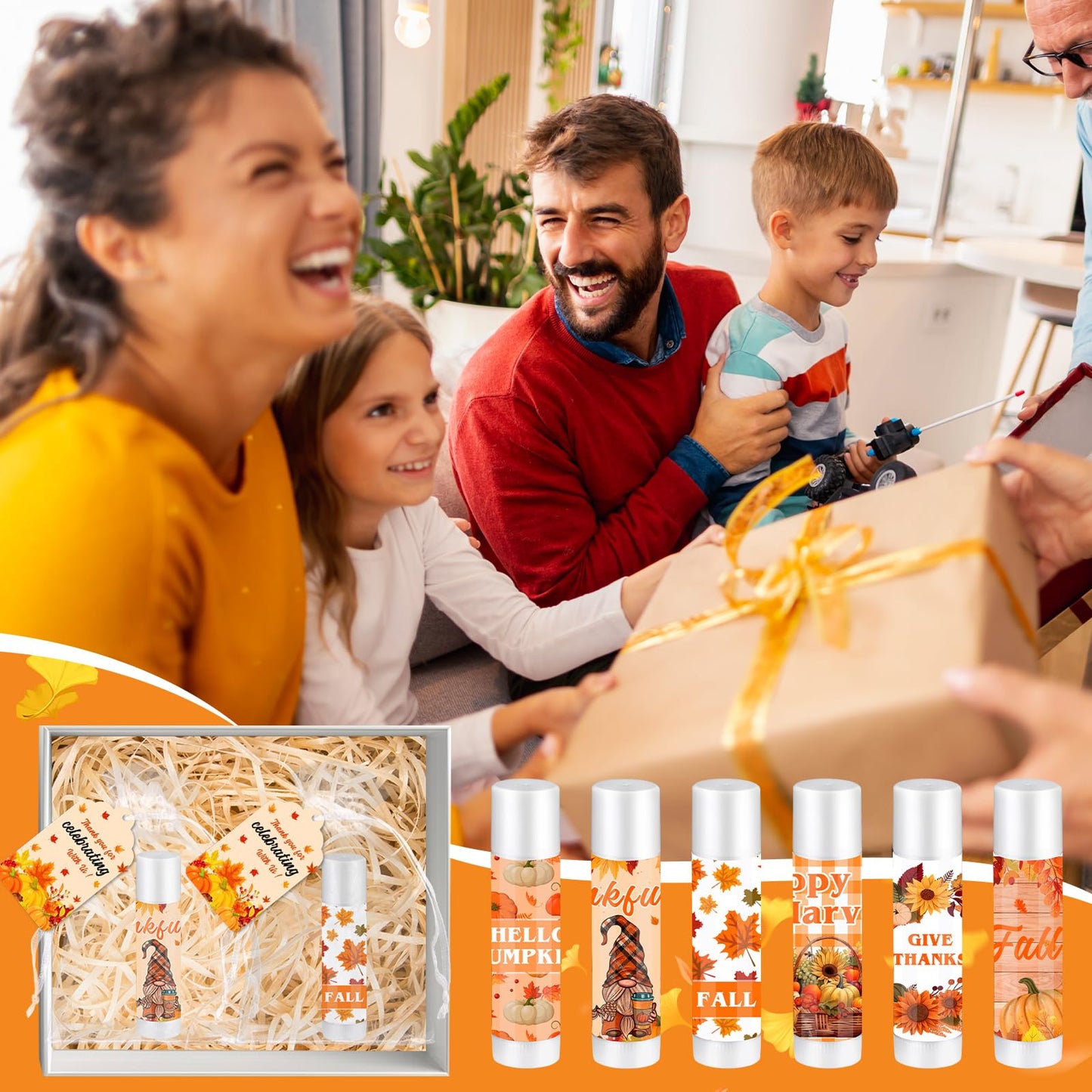 QAUYETM 50 Set Fall Gifts Lip Balms Bulk Fall Party Favors 6 Assorted Flavors with 50 Organza Bags and Cards Autumn Pumpkin Maple Leaf Chapstick Thanksgiving Gifts for Women Men Coworkers Guest