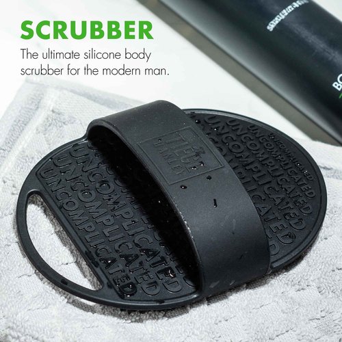 Tiege Hanley Silicone Body Scrubber for Cleaning and Exfoliating Skin, Face, and Body in The Shower or Bath, Ergonomic Non Slip Handle with Gentle Bristles, Handheld Shower Brush for Men, Black