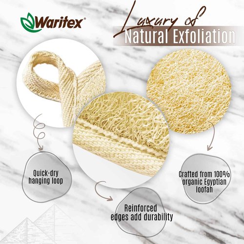 Waritex Egyptian Loofah Exfoliating Body Scrubber with Hand Strap, Oval Shower Pads Made from Natural Egyptian Loofah Fibers, Gentle Cleansing for Face and Body, for Men and Women 3 Count (1 Pack)