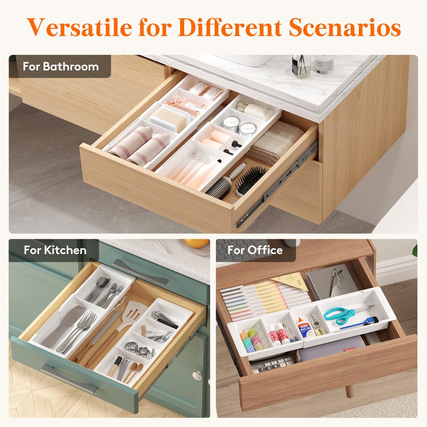 Lifewit Sliding Makeup Drawer Organizer, Fits 13-20" Deep Drawers, Extendable Hanging Divider, 1.8" High Plastic Tray for Vanity, Office, Kitchen, White, 2Pcs