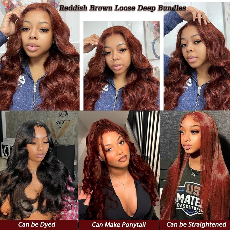 Reddish Brown Bundles Human Hair 10A Brazilian Loose Deep Wave Bundle (Reddish Brown 18Inch)