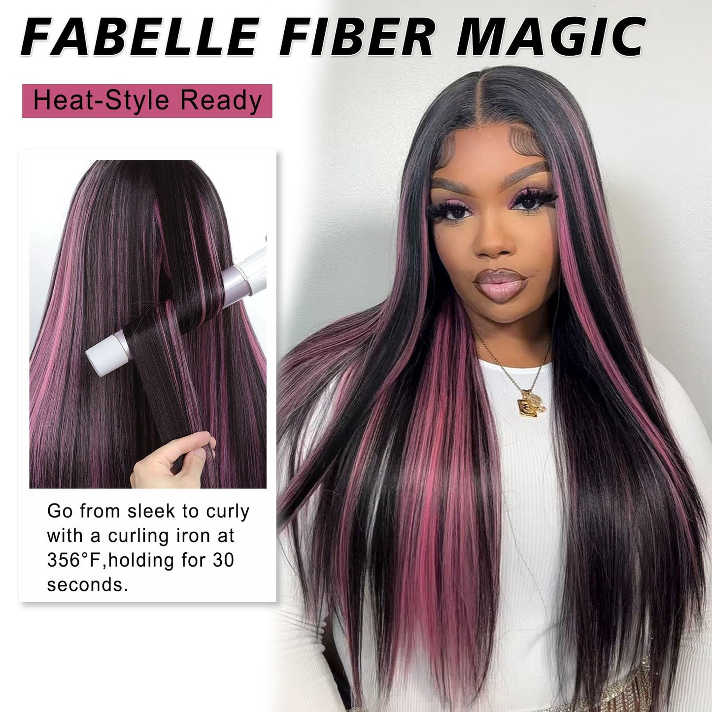 FABÉLLE Black and Pink Highlight Wig Lace Front Wigs Pre Plucked with Baby Hair Glueless Wig 26 Inch Long Straight for Women Pink Color Forehead Synthetic 13×4×1 Lace Front Wig