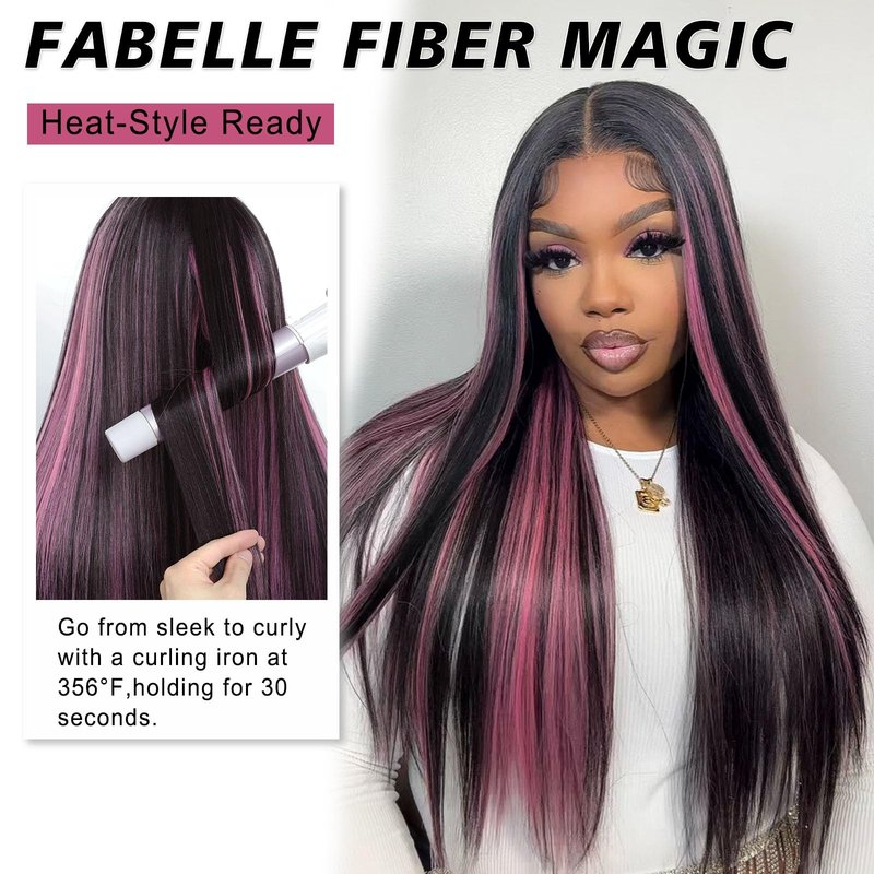 FABÉLLE Black and Pink Highlight Wig Lace Front Wigs Pre Plucked with Baby Hair Glueless Wig 26 Inch Long Straight for Women Pink Color Forehead Synthetic 13×4×1 Lace Front Wig