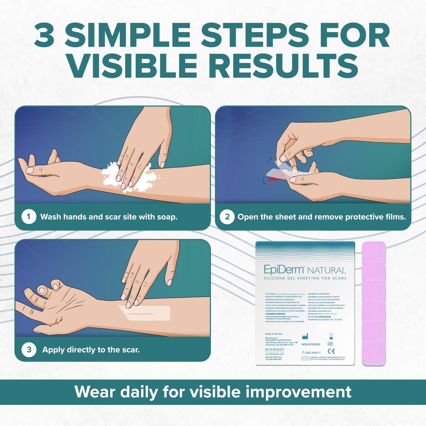 Epi-Derm Epi-Tab Squares Silicone Scar Sheets – Professional-Grade, Washable & Reusable Silicone Patches for Small Hypertrophic & Keloid Scars from Trauma, Liposuction & More - Clear, 6-Pack