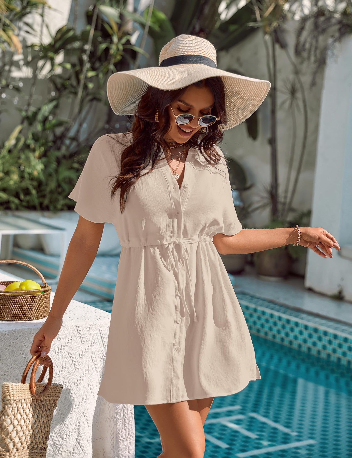 Blooming Jelly Women's Swimsuit Cover Ups Button Down Bathing Suit Coverups Bikini Beach Dress for Swimwear (XL, Beige)