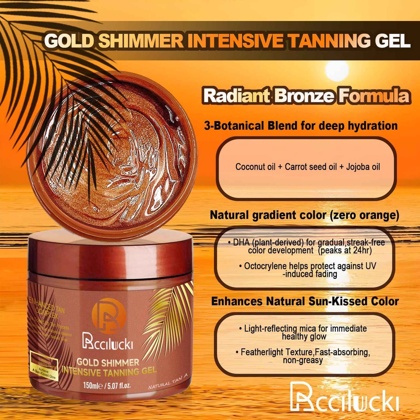 Golden Shimmer Tanning Accelerator Gel - Intensifies Natural Tan Under Sun/Beds | With Carrot Oil & 2% DHA | Water-Resistant | 5 Fl Oz