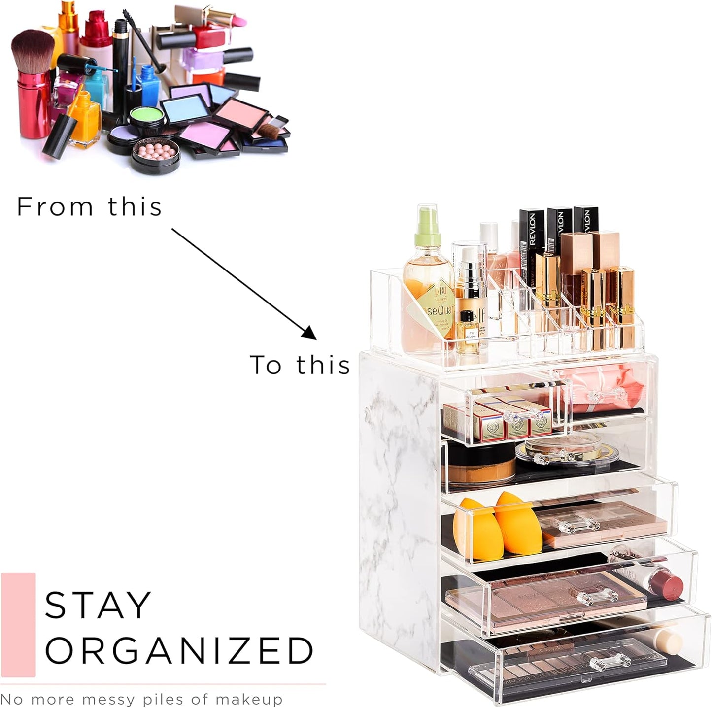 Acrylic Makeup Organizer Set - 6-Drawer Vanity & Countertop Storage | Marble Print for Brushes & Jewelry