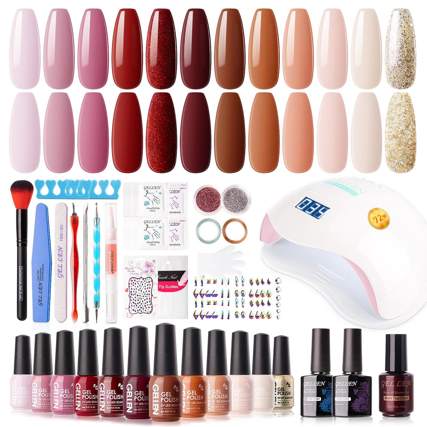 Gellen Gel Nail Polish Kit with U V LED Light 72W Nail Dryer, Fall Winter Red Burgundy Nude Pink Gel Polish Kit 12 Colors, No Wipe Top Base Coat, Nail Art Decorations, Manicure Tools