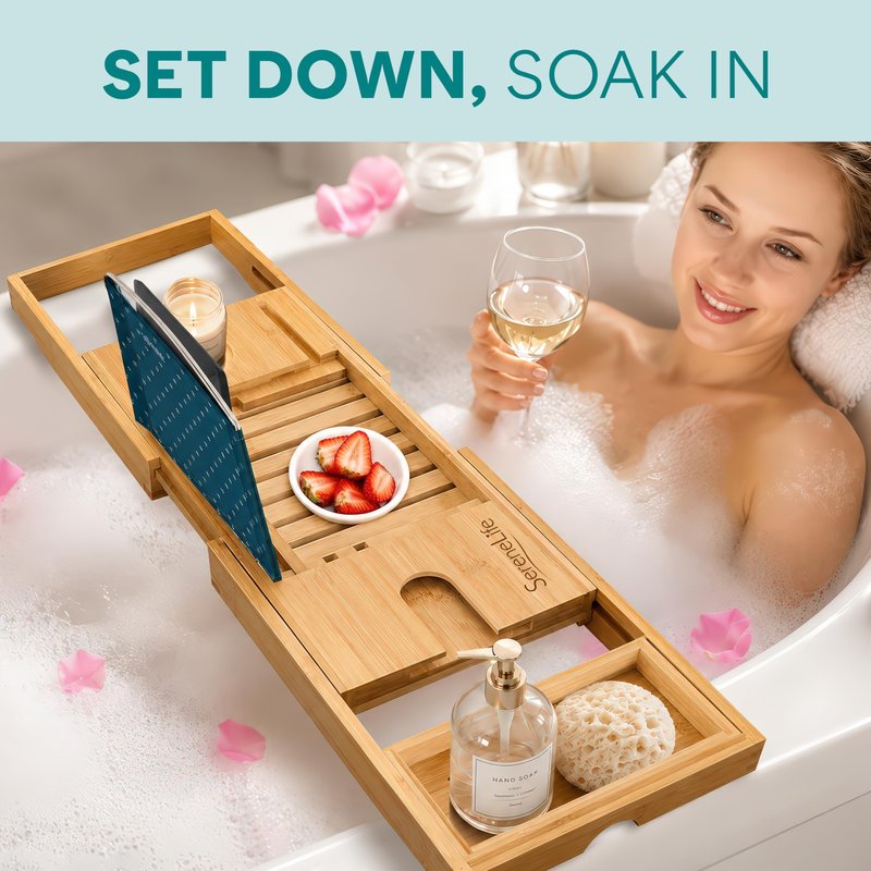 SereneLife Premium Bathtub Tray Caddy with Gift Box and Bow Set, Expandable Bath Tray, Unique House Warming Gifts for Mom, Women, Wedding, Anniversary, Bridal Shower, Fit for All Tub - Natural
