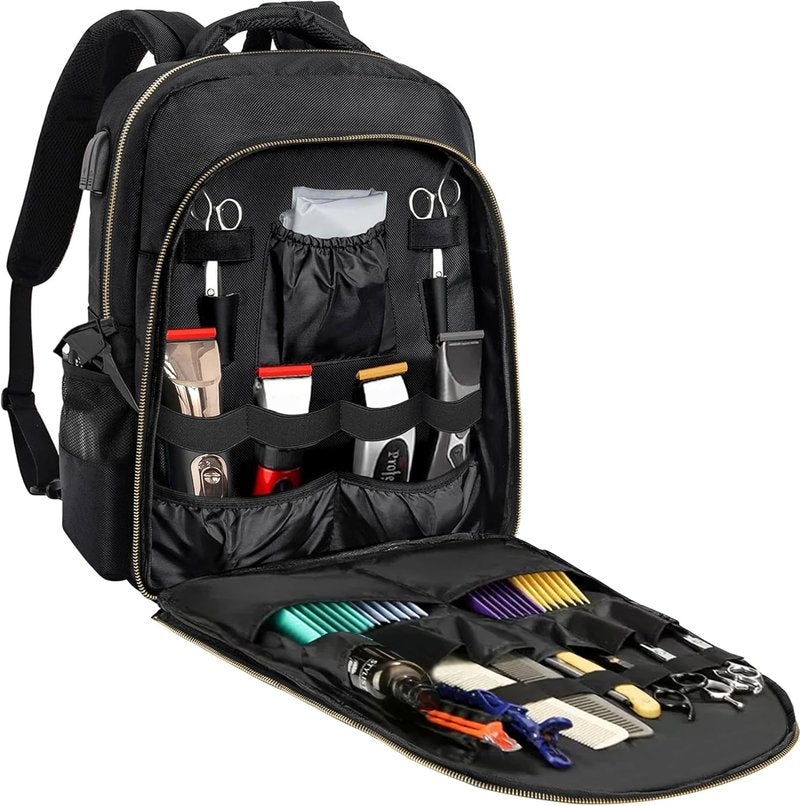 Barber Supplies Bag - Portable Clipper Backpack with USB Port | Black & Gold