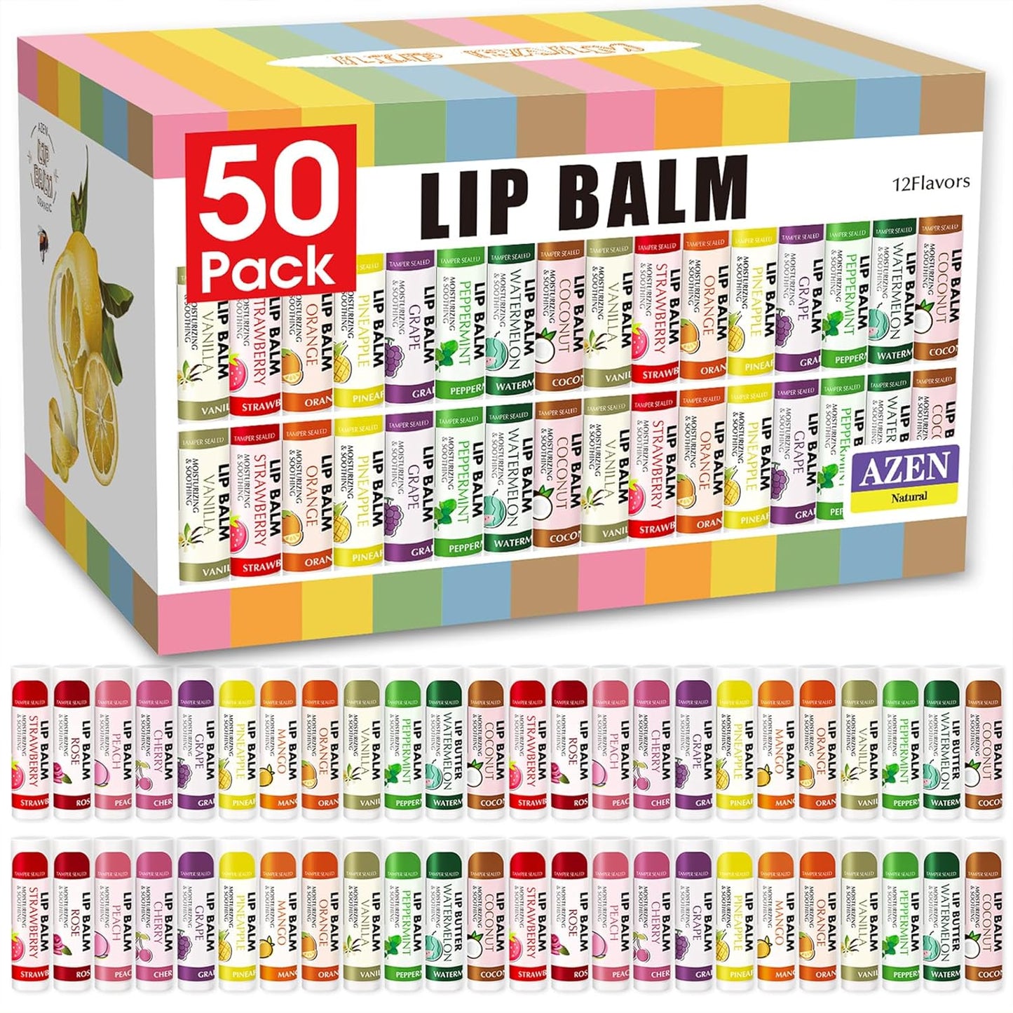 AZEN 24 Pack Lip Balm, Natural Lip Balm Bulk, Lip Care Product, Moisturizing Lip Balms for dry cracked lips - 12 Flavors