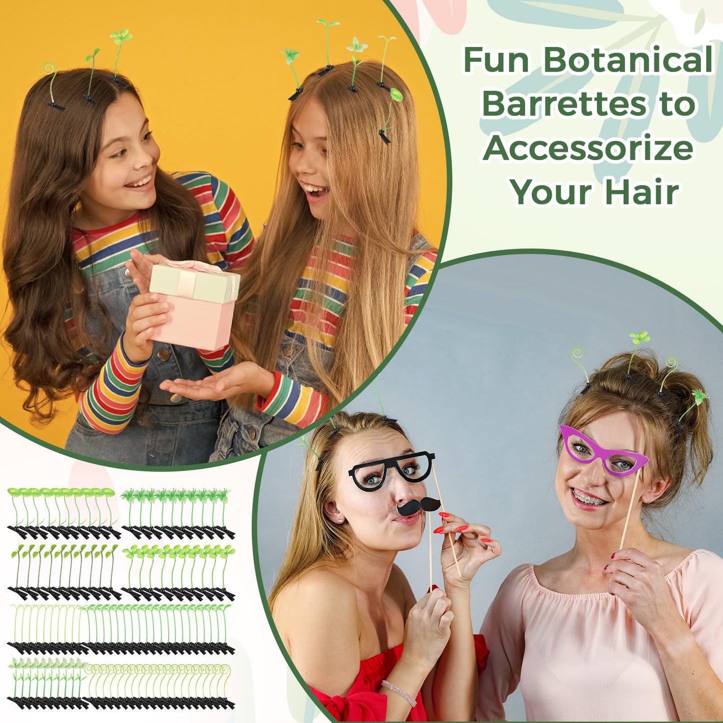 Tigeen 200 Pcs Rave Sprouts Bean Sprout Funny Hair Clips Mixed Style Plant Hairpins Hair Accessories for Home Party Irish (Fresh Style)