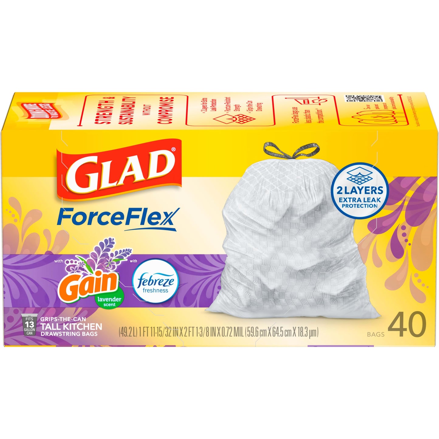 Glad ForceFlex Tall Kitchen Trash Bags, 13 Gal, Gain Lavender with Febreze, 40 Ct (Pack May Vary)