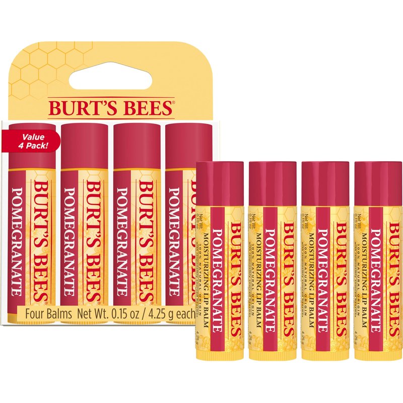 Burt's Bees Lip Balm, Pomegranate, Lip Moisturizer With Responsibly Sourced Beeswax, Tint-Free, Natural Origin Conditioning Treatment, 0.15 oz., Four Tubes